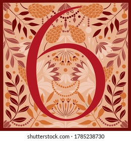 Vintage retro illustration in modern style of the number six, flowers, branches and leaves. Art Nouveau and art Deco style. Symmetrical image with purple, red, orange and beige colors