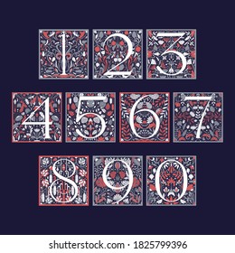 Vintage retro illustration set of arabic numbers alphabet in modern style, flowers, branches and leaves. Art Nouveau and art Deco style. Symmetrical backgrounds with white, grey, blue and red colors
