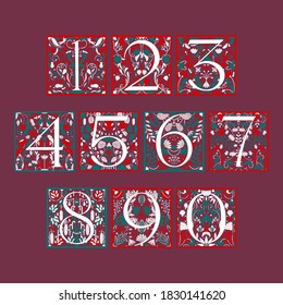 Vintage retro illustration set of arabic numbers alphabet in modern style, flowers, branch and leaves. Art Nouveau and art Deco style. Symmetrical backgrounds with purple, green, red and white colors