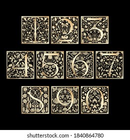 Vintage Retro illustration set of arabic numbers alphabet in Gold Great Gatsby style, flowers and leaves. Art Nouveau and art Deco style. Symmetrical backgrounds with geometric shapes