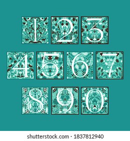 Vintage retro illustration set of green colored arabic numbers alphabet in retro style, flowers, branch and leaves. Art Nouveau and art Deco style. Symmetrical background