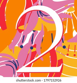 Vintage retro illustration set in modern style of the number two, pastel flowers, branches and leaves. Art Nouveau and art Deco style. Image with blue, orange, white and pink colors