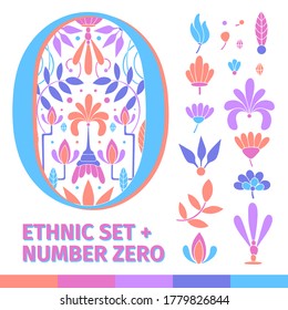 Vintage retro illustration set in modernstyle of the number zero, flowers, branches and leaves. Art Nouveau and art Deco style. Symmetrical image with blue, orange, violet, purple and pink colors
