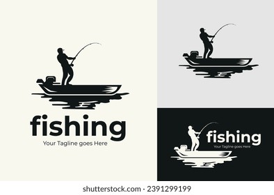 Vintage Retro Illustration Silhouette of a Man Fishing on a Lake Fishing Boat Fishing Vector Design