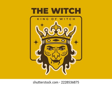 Vintage retro illustration of a witch wearing king crown