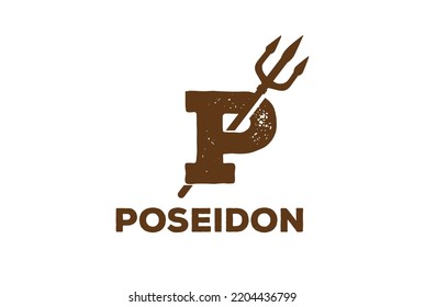 Vintage Retro Initial Letter P With Trident Spear Fork For Poseidon Neptune God Logo Design