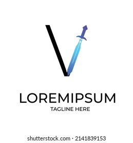 Vector de diseño del logotipo de la espada V de la letra inicial retro vintage