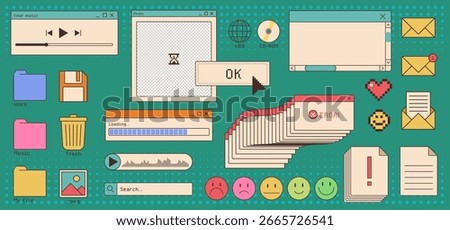 Vintage retro internet y2k interface with music player, folders and error windows on dotted bg. Nostalgic desktop elements with pixel emoticon, email icon and loading bars for millennium era aesthetic