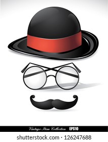 vintage retro items including hat and mustache