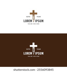 Vintage Retro Jesus Christian Catholic Cross with Pen for Christian Religion Education Logo Design Vector