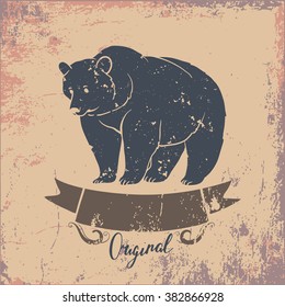 Vintage retro label design with grunge effect. Bear logo. Can be used for T-shirts print, labels, badges, stickers, logotypes vector illustration
