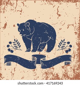 Vintage retro label design with grunge effect. Bear logo. Can be used for T-shirts print, labels, badges, stickers, logotypes vector illustration
