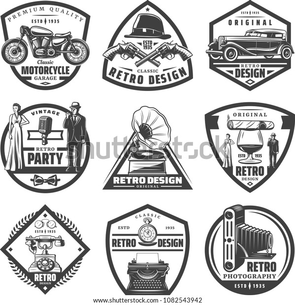 Vintage retro labels set with\
motorcycle car guns hat gentleman woman typewriter gramophone\
cigaro camera phone glass of whiskey isolated vector\
illustration