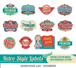 Vintage retro labels and tags - editable vector images with removable texture