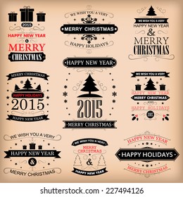 Vintage retro labels vector illustration for holiday design, party poster, greeting card, banner or invitation