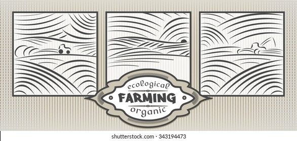 Vintage Retro Landscape of Organic farming in engraving woodcut style, vector set. Agriculture concept three illustration as seasons - sowing is spring, cultivation is summer, harvest is autumn. 