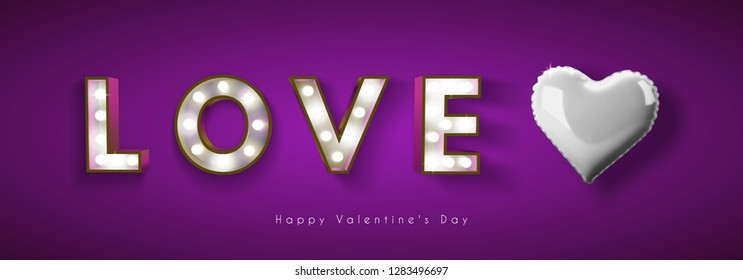 Vintage retro letters with incandescent lamps. The word love. Pink heart-shaped balloon. Vector holiday illustration on a transparent background. Happy Valentine's Day