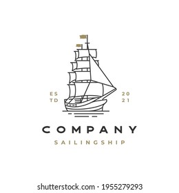 Vintage Retro Line art Sailing Ship Logo Design