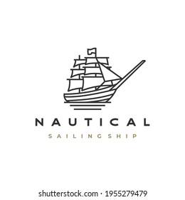 Vintage Retro Line art Sailing Ship Logo Design