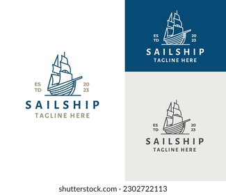 Vintage Retro Line art Sailing Ship Logo Design