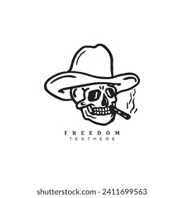 Vintage retro linear smoking cowboy skull logo design badge