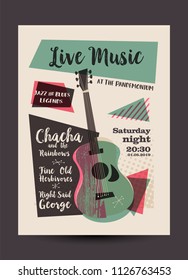 Vintage or retro live music poster design, mid-century modern, guitar and text, eps10 vector