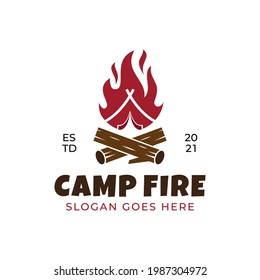 vintage retro logo design of Bonfire Camp fire flame with camping in outdoor