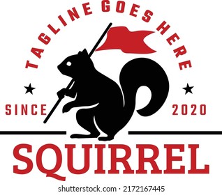 vintage retro logo illustration with silhouette squirrel holding red flag