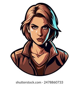 Logotipo retro de Antiguas con la Imagen de una mujer gángster luchadora. Retrato en estilo pin-up. Plantilla para el diseño de pegatinas, prendas de vestir, carteles y recuerdos. Ilustración vectorial.
