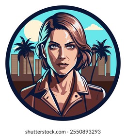 Logotipo retro de Antiguas con la Imagen de una mujer gángster luchadora. Retrato en estilo pin-up. Ilustración vectorial. Plantilla para el diseño de pegatinas, prendas de vestir, carteles y recuerdos. 