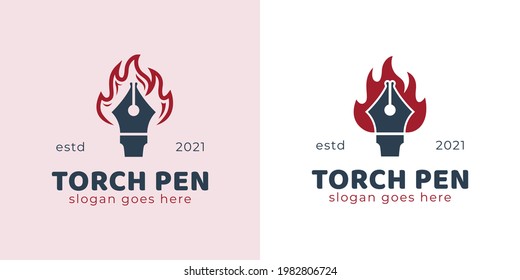 vintage retro logo of pen ink torch or fire pen logo vector template