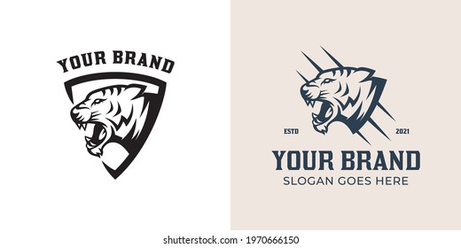 vintage retro logo of shield with tiger head, panther black version logo collection for your brand