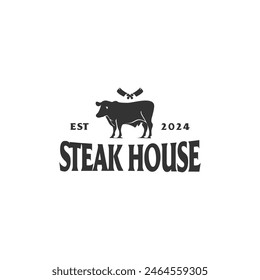 Vintage retro logo of steak house with cow and knife