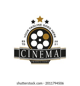 Vintage Retro Logo Style for Cinema Movie Studio Production Logo. With gold and white film reel stripes, and filmstrip roll tapes. Premium and Luxury Logo