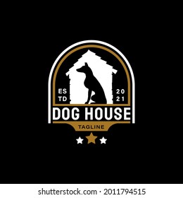 Vintage Retro Logo Style for Dog House or Pet Shop Logo. With gold, black, and white colors. Premium and Luxury Logo