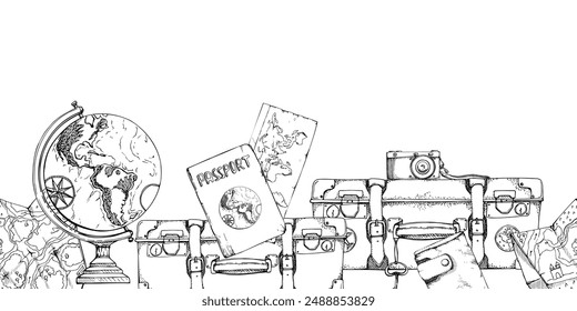 Vintage retro luggage, baggage suitcases globe passport old camera, map. Vector ink hand drawn art. Isolated seamless banner. Design for tourism, travel brochure, wedding guide, print, card, tattoo.