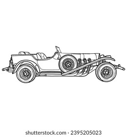 Vintage retro luxury car, 1920s American classic automobile isolated on a white background. Hand-Drawn Outline Design, side view, Stylized vector illustration