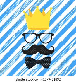 Vintage retro male composition flat style design vector illustration isolated on white background. Golden crown, glasses, brush stroke, tie bow and mustaches - symbols of super dad.