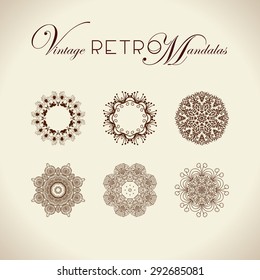 Vintage retro mandala design. Vector illustration set. For napkins, lace, print and decorative design.
