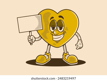Vintage retro mascot character of a heart holding a blank board