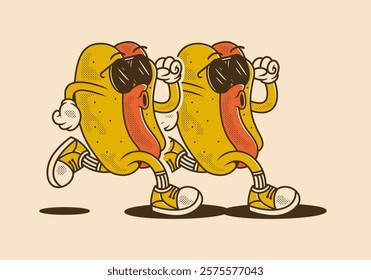 Vintage retro mascot character of two hot dog in running pose