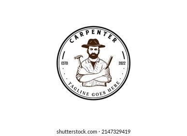 Vintage Retro Masculine Man Male Woodman Carpenter Badge Emblem Logo Design Vector