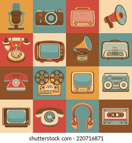 Vintage retro media gadgets icons set of radio microphone camera isolated vector illustration