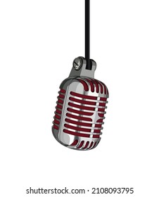 Vintage Retro Michrophone Realistic. Old School Hanging Mic Vector Illustration. Classic Style Silver Metallic Microphone. Voice Recorder. Sound Technology On White Background