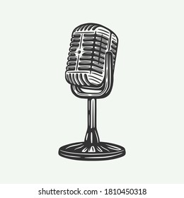 Vintage retro microphone. Can be used like emblem, logo, badge, label. mark, poster or print. Monochrome Graphic Art. Vector Illustration.