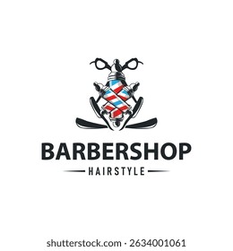 vintage retro modern barbershop logo design, barber shop concept, with cool hair style and silhouette icon of shaving equipment illustration template for product brand, business, and shop