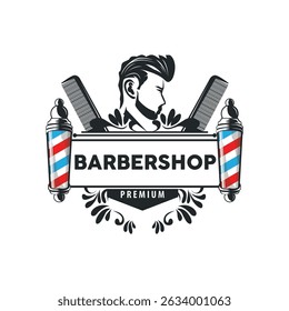 vintage retro modern barbershop logo design, barber shop concept, with cool hair style and silhouette icon of shaving equipment illustration template for product brand, business, and shop