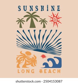 Vintage retro modern graphic for Summer prints Sunshine tropical beach artwork , Sunshine ocean print for modern print design , hand drawn Wave , Men's Women's kids boys girls t shirt design