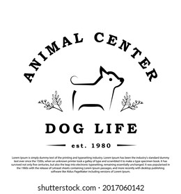 Vintage retro monoline dog logo. Dog with plant design vector for animal clinic, animal shop or animal center 
