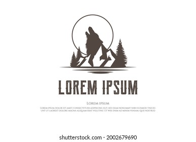 Vintage Retro Moon Howling Wolf with Pine Trees Forest and Ice Snow Mountain Logo Design Vector